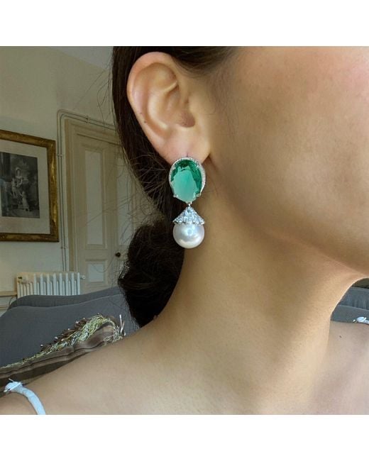Michael Nash Jewelry Green Neutrals Giorgia Oval Emerald Cubic Zirconium Earrings With Glass Pearl Drop Earrings