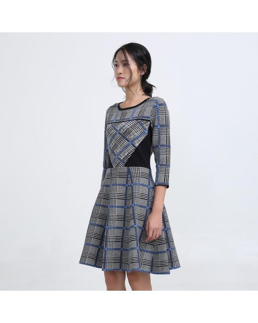 Smart and Joy Blue Fit-And-Flare Tartan Knit Dress
