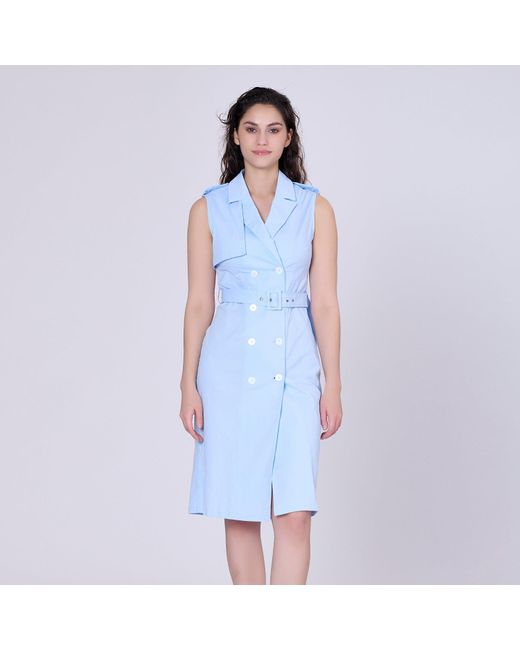 Smart and Joy Blue Double Breasted Trench Style Sleeveless Dress