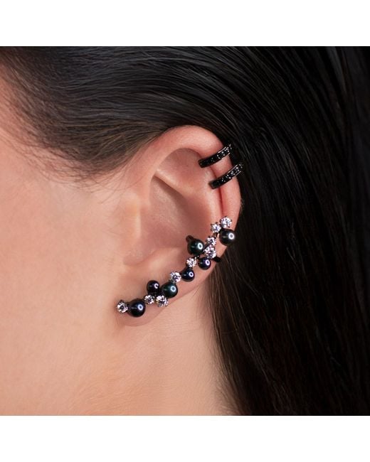 SALLY SKOUFIS Blue Eclipse Ear Crawler With Natural Pearl & Made Cz Diamond Stimulant