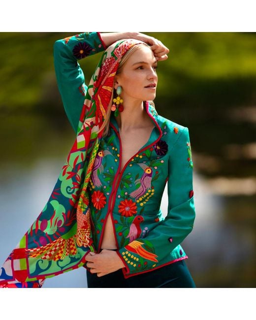 Beatrice von Tresckow Blue Jade Moroccan Birds Short Nehru Jacket