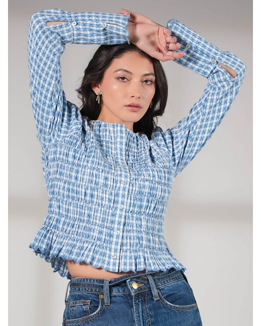Rose & Nancy Blue Mary Cotton Gingham Check Smocked Blouse