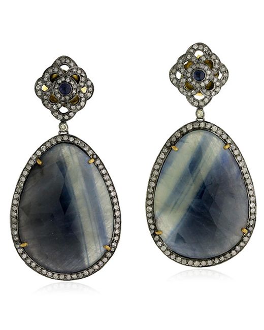 Artisan Blue Multi Sapphire & Diamond Designer Earrings In 18k Solid With Silver