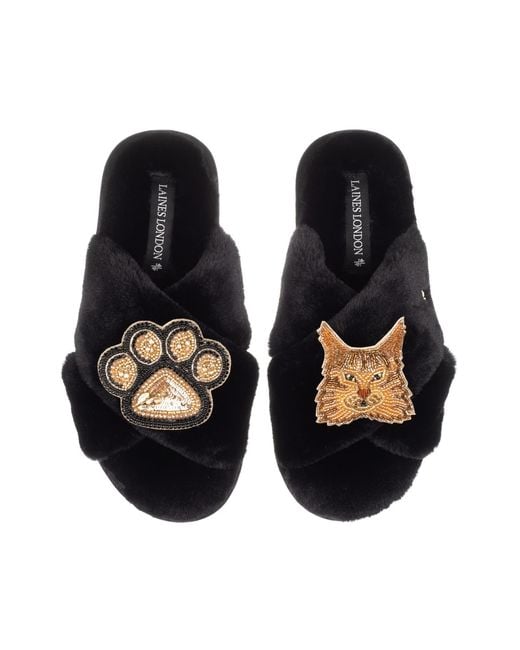 Laines London Blue Classic Laines Slippers With Paw & Maine Coon Cat Brooches