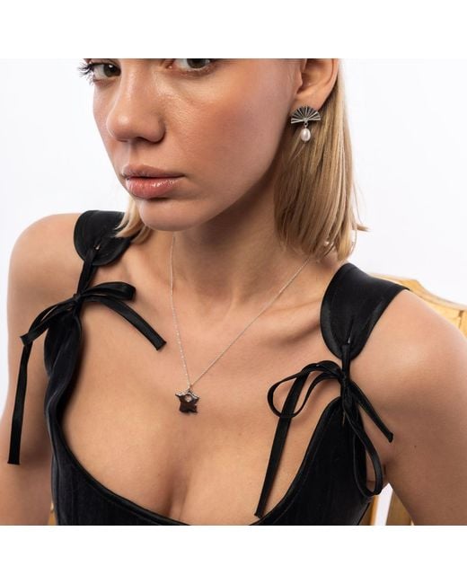 Spero London Metallic Fine Diamond Sterling Pearl Drop Fan Earrings