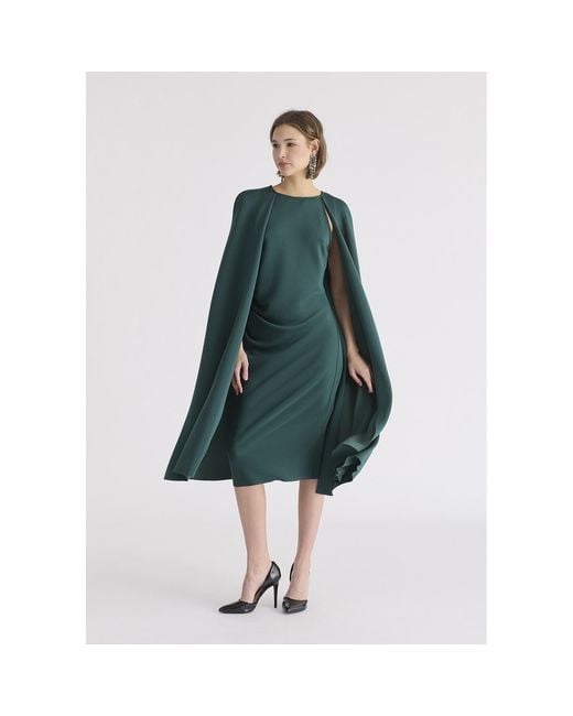 Paisie Green Cape Sleeves Dress With Waist Details