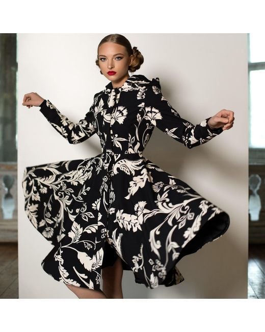 RainSisters Hooded Black And White Waterproof Women's Coat With Floral Print: Blooming Night