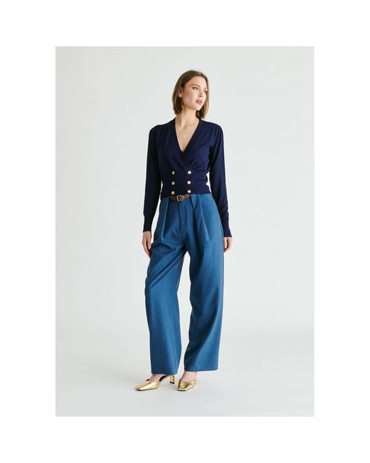 Paisie Blue Belted Wide Leg Trousers With Box Pleats