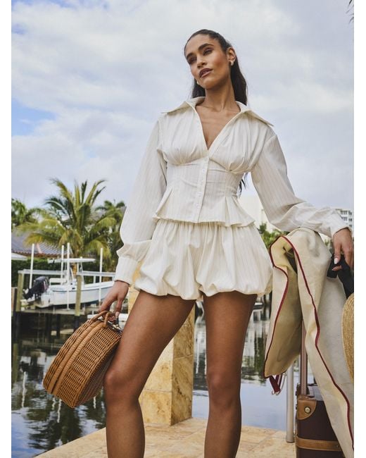 Miss Circle New York White Sylvia Pinstripe Deep V Pleated Shirt