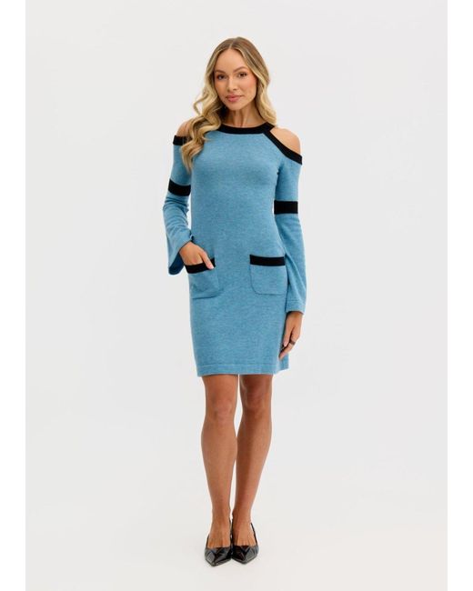Why Mary Blue Serena Wool Knit Long Sleeve Cold Shoulder Dress