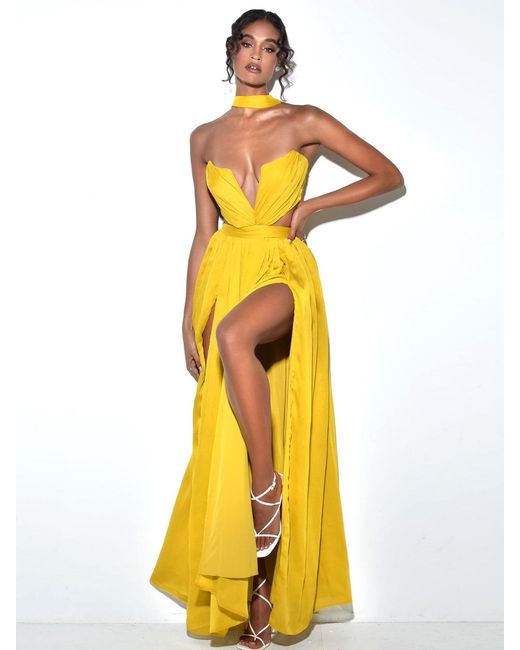 Miss Circle New York Yellow Xella Pleated Chiffon Maxi Dress
