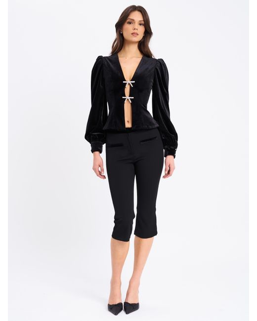 Miss Circle New York Black Krista Velvet Lantern Sleeve Top With Crystal Bow
