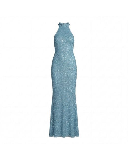Mac Duggal Blue Embellished Halter Neck Open Back Column Gown