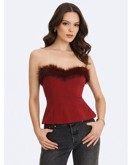 Miss Circle New York Red Ivette Crimson Fur-Trimmed Peplum Top