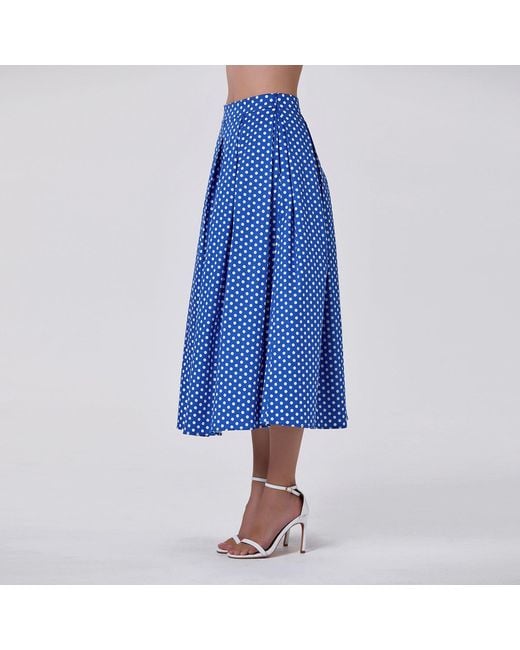 Smart and Joy Blue Flared Midi Skirt With Polka Dots