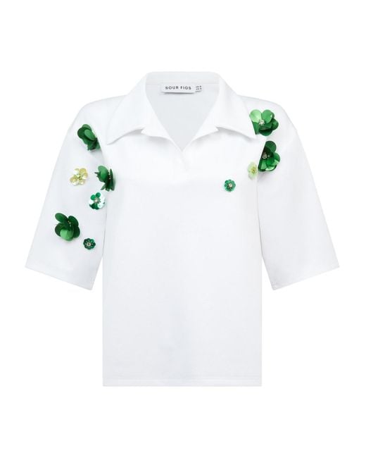 Sour Figs Blue Floral Embellished Polo Shirt
