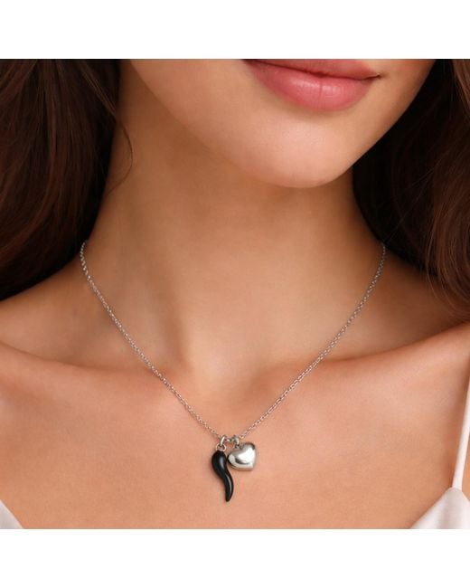 Unaloe Metallic Sterling Enamel Cornicello Necklace With Heart Charm – Handmade Italian Good Luck Symbol