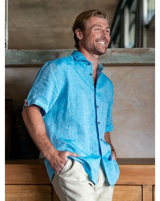 Koy Clothing Blue Nyota Short-Sleeved Linen Shirt for men