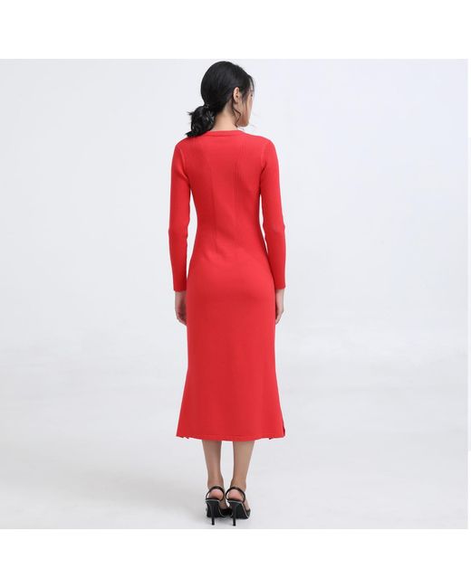 Smart and Joy Red Slim V-Neck Sweater Midi Dress