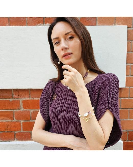 Farra Metallic Baroque Pearls With Heart Shaped Amethyst Bracelet Choker