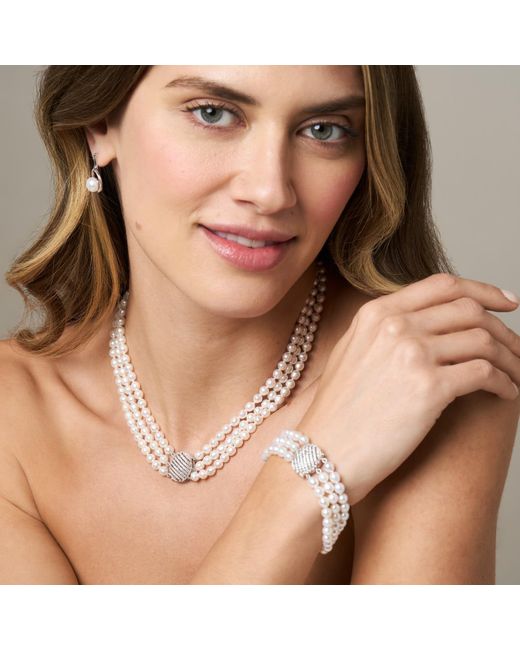Pearls of the Orient Online White Stella Triple Strand Cultured Freshwater Pearl Necklace With Vintage Style Oval Pave