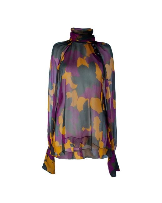 Rua & Rua Multicolor Sheer Silk Shirt Blouse With Bow Collar Multicolour