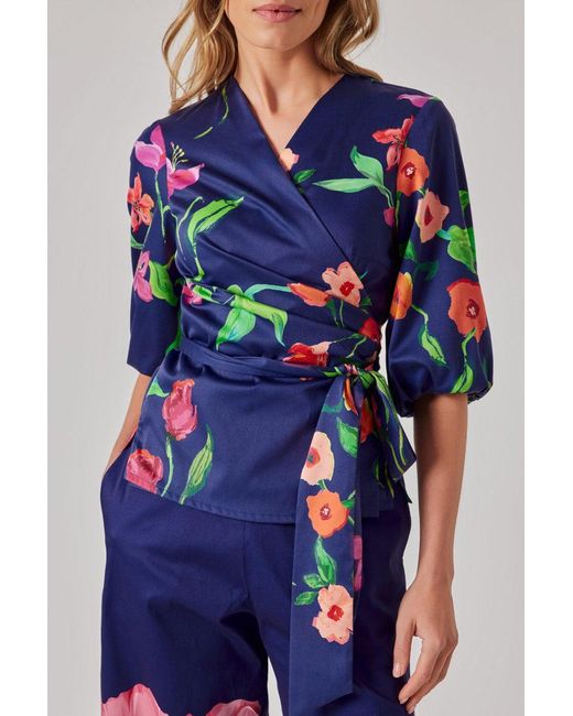 Marianna Déri Blue Wrap Blouse With Maxi Floral Print