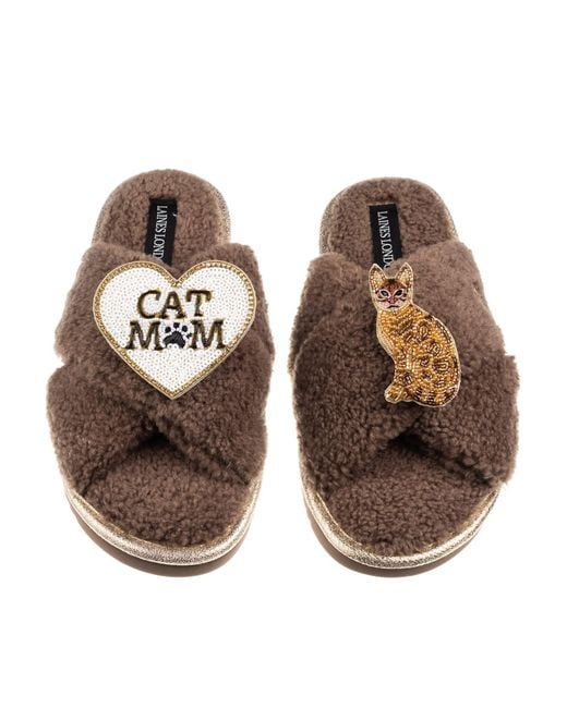 Laines London Brown Neutrals Boucle Slippers With Cat Mum/Mom & Bengal Cat Brooches