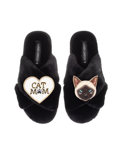 Laines London Black Classic Laines Slippers With Cat Mum Mom & Siamese Cat Brooches