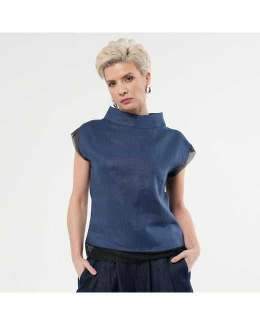 Metamorph Blue Turtleneck Linen Top