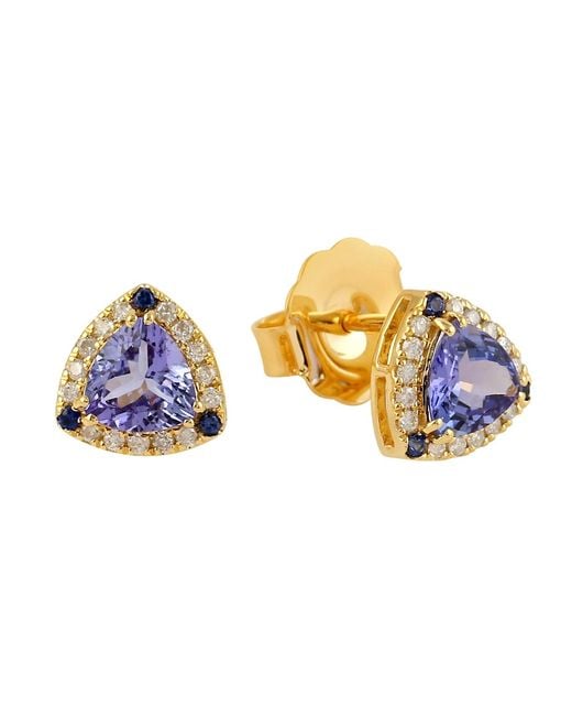 Artisan Blue Trillion Tanzanite, Sapphire & Diamond Halo Stud Earrings