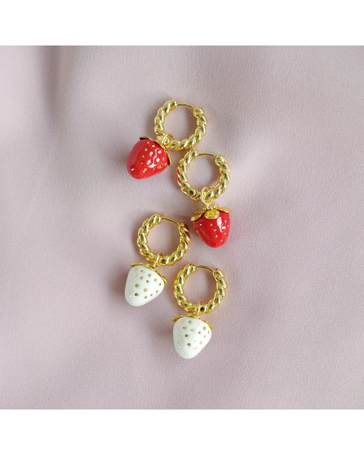 POPORCELAIN Metallic Mini Porcelain Strawberry Hoop Earrings