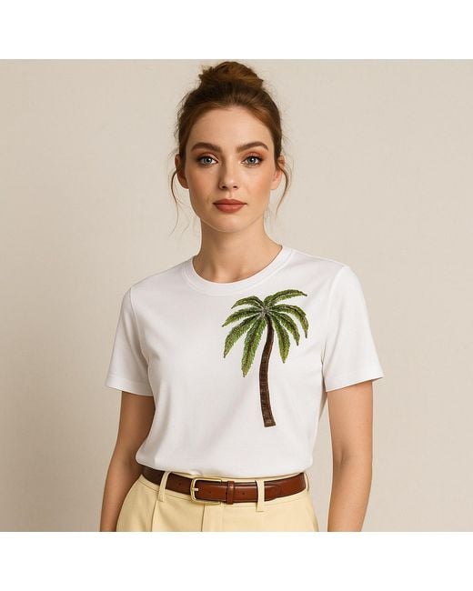 House of Laines London White Laines Couture Embellished Palm Tree T-Shirt