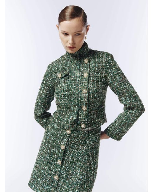 Sour Figs Green Pearl-Button Metallic Thread Bouclé Tweed Mini Skirt