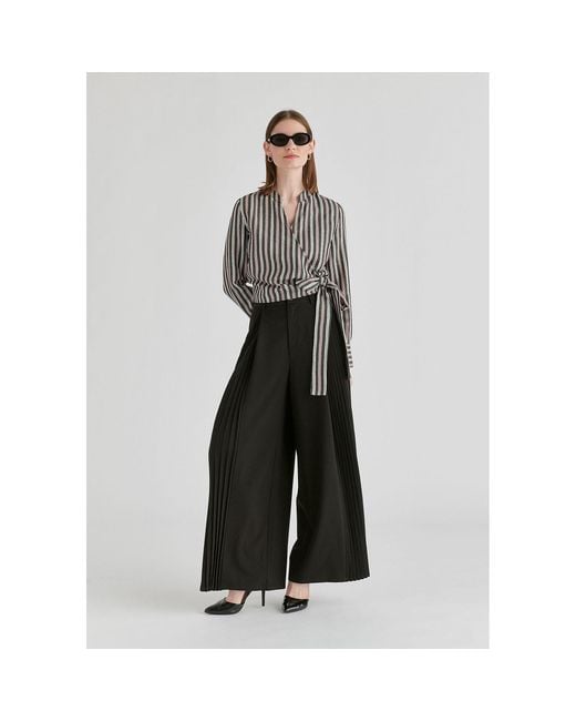 Paisie Gray Split Collarless Wrap Top With Side-Tie Waist