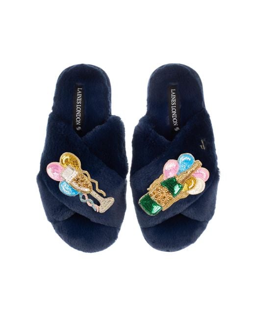 Laines London Blue Classic Laines Slippers With Birthday Bubbles Brooches