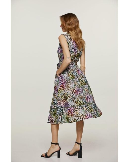 Conquista Green Animal Print Sleeveless Dress With Belt