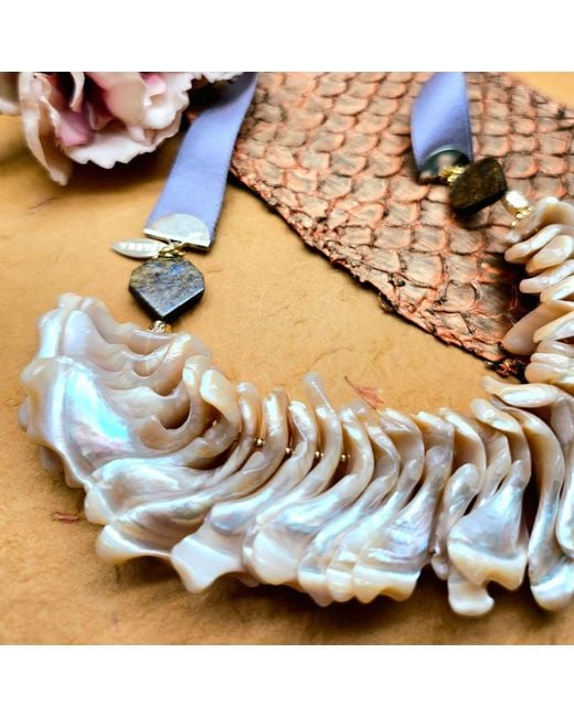 Farra Metallic Giant Shell Pendant With Silk Ribbon Statement Necklace