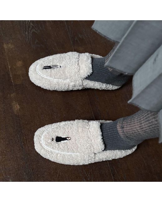 London Atelier Byproduct Blue Neutrals Shearling Mules With Embroidery Patches
