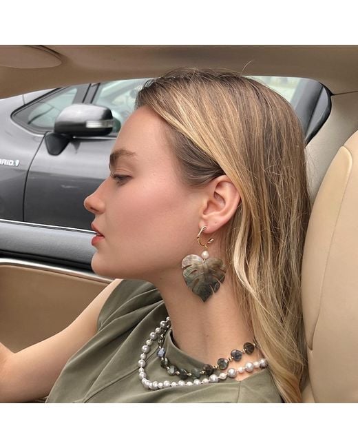 Farra Metallic Neutrals Leaves Shaped Shell With Pearls Hook Earrings