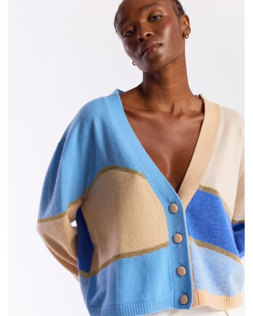 Brodie Cashmere Blue Abstract Scenic Cashmere Cardigan