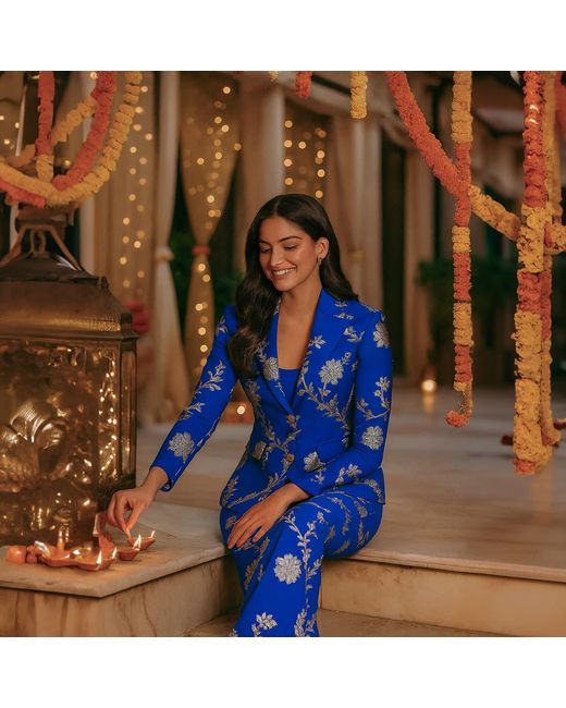 Richa Sharma Blue Luxury Royal Brocade Blazer With Embroidery
