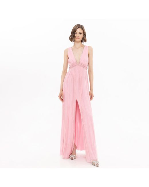 Nissa Pink V-Neck Silk Maxi Dress Light