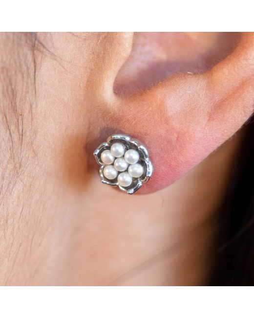 Lucy Quartermaine Metallic Solid Sterling Royal Pearl Flower Studs