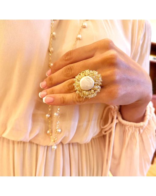 Farra Metallic Romantic Style Floral Freshwater Pearl With Crystal Cocktail Ring