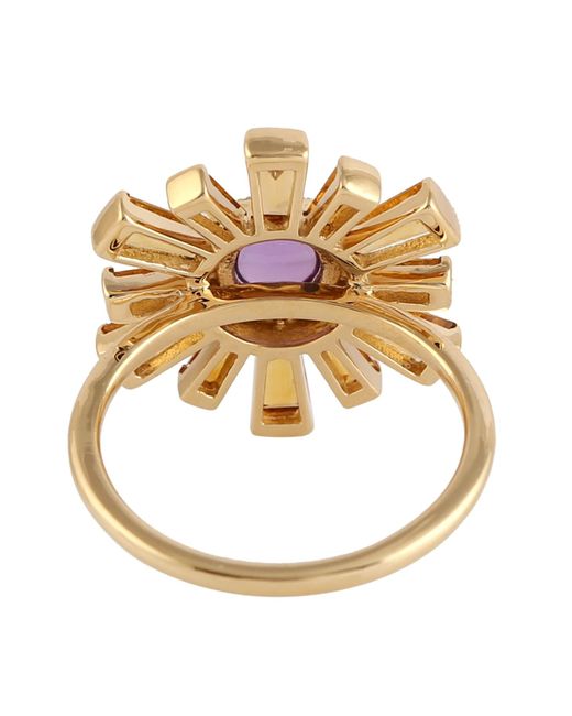 Artisan Metallic 18k Solid Gold In Tapered Baguette Citrine & Amethyst Pave Diamond Cocktail Ring