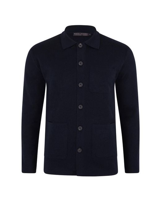 Paul James Knitwear Blue Extra Fine Merino Wool Fabrizio Work Shirt for men