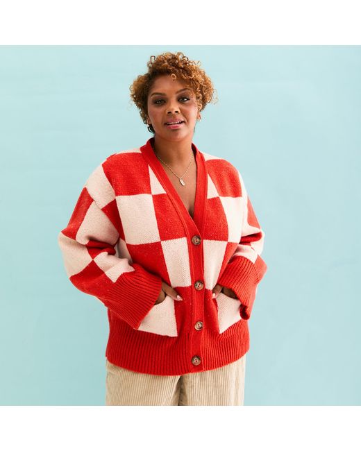 Cara & The Sky Red Candice Checked Wide Sleeve Cardigan