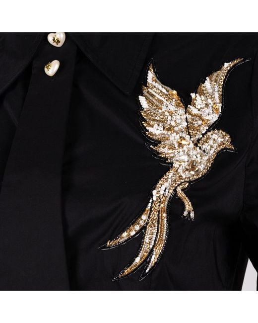 House of Laines London Black Laines Couture Tie Shirt With Embellished Bird Of Paradise