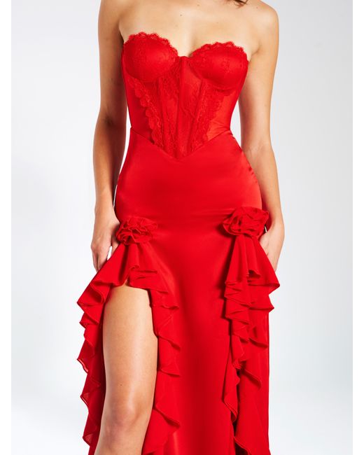 Miss Circle New York Red Talia Satin Lace Corset Maxi Dress